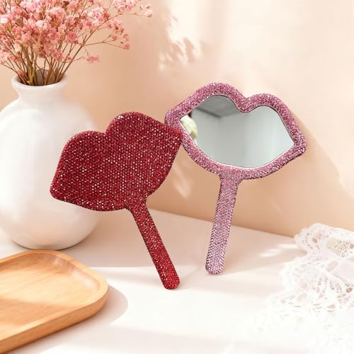 Rhinestone Handheld Mirror Heart Bling Glitter Cosmetic Dazzling Portable Hand Mirrors with Handle for Women Wedding Party (All Pink)