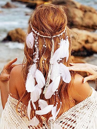 CAKURE Pearl Feather Headband White Hippie Headbands Gypsy Costume Headwear Indian Headpieces Bridal Hair Band Adjustable Headdress Wedding Feather Hair Accessories for Women and Gilrs (Type1)