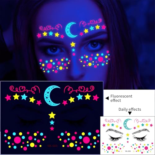 Glow in the Dark Face Tattoo Stickers - 8 Fluorescent Designs