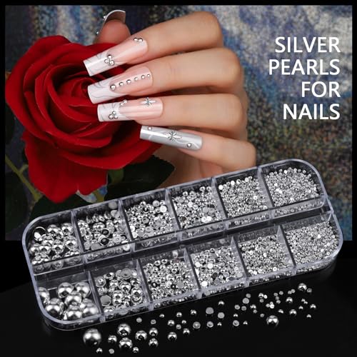 Teentior Nail Charms and Gems Silver Rhinestones for Nails with 15 Sheets Nail Stickers, 6 Boxes Nail Gems Y2K Accessories Pearls for Nails, Cross Nail Charms for Nails Design Caviar Beads for Nails