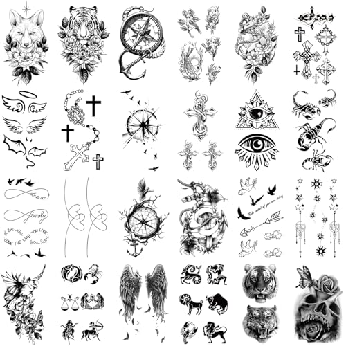 Large Temporary Tattoo for Adults and Kids, 36 Sheets Half Arm and Small Tattoos for Men and Women, Animal Flower Fake Tattoo with Lions and Tigers Designs