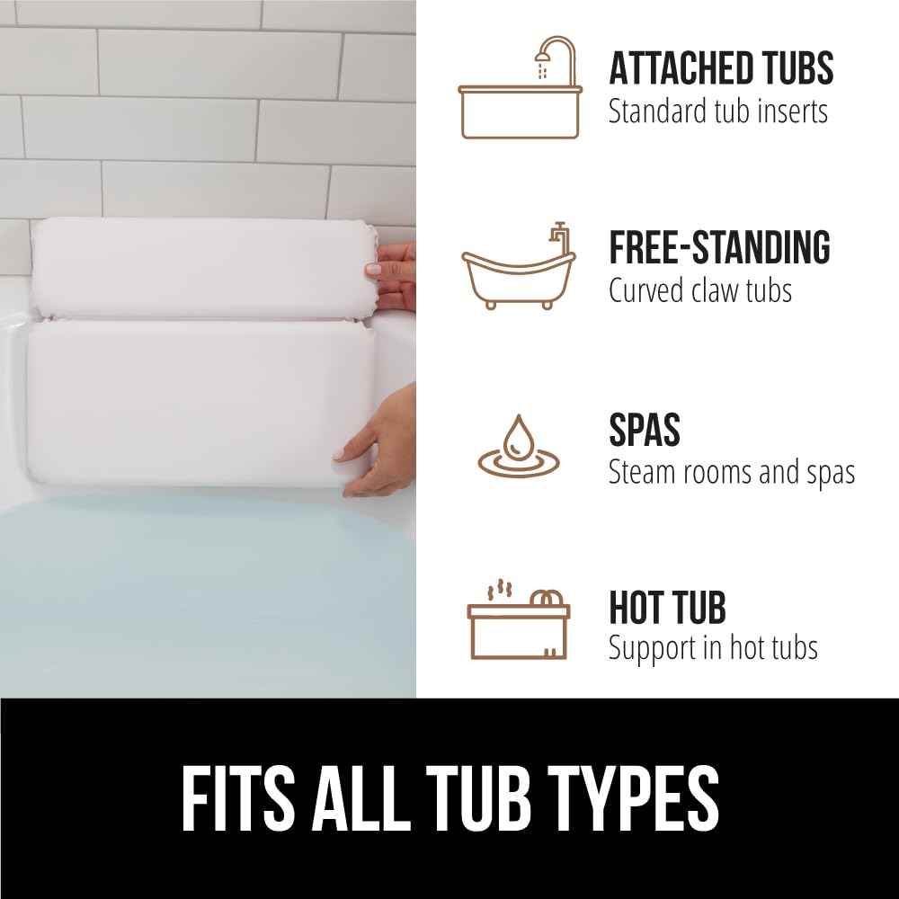 GORILLA GRIP Bath Pillow for Tub, Headrest for Neck and Back Support, Luxury Bathtub Pillows, Hot Tub Cushions, Bathroom Accessories for Women, Relaxing Spa Gifts for Mom Wife Girlfriend 2 Panel White