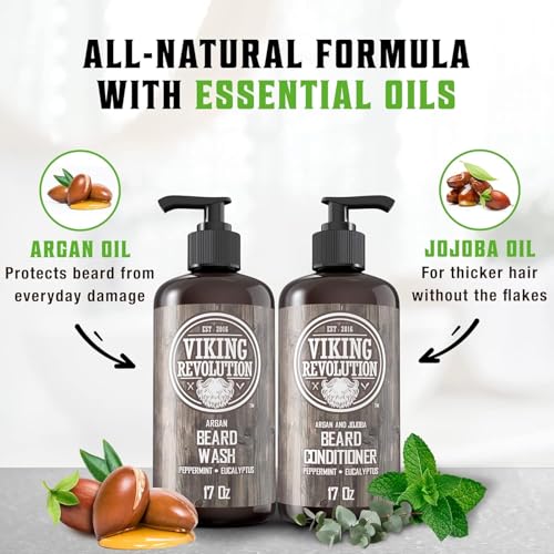 Viking Revolution Beard Wash & Conditioner Set w/Argan & Jojoba Oils ? Softens, Smooths & Strengthens Beard Growth - Natural Peppermint and Eucalyptus Scent - Shampoo (17 oz)