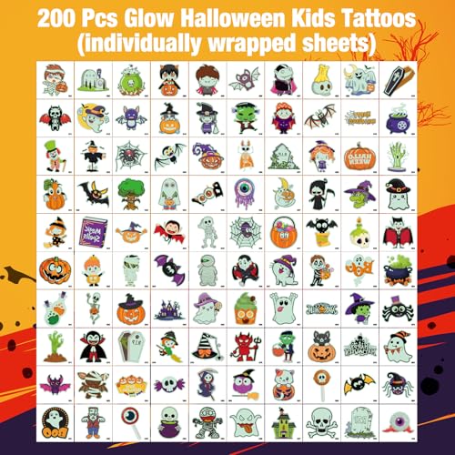 Glow Halloween Tattoos, 200 PCS Individually Wrapped Glow in the Dark Temporary Tattoos, Luminous Halloween Stickers Party Decorations, Halloween Party Favors Supplies Goodie Bag Fillers