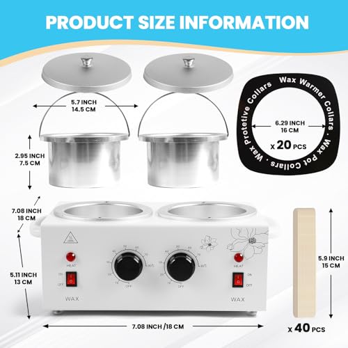 1.2L Double Pot Wax Warmer, Electric Depilatory Heater Machine with Adjustable Temperature for Hair Removal & Facial Spa, Includes 40 Wax Sticks & 20 Collars