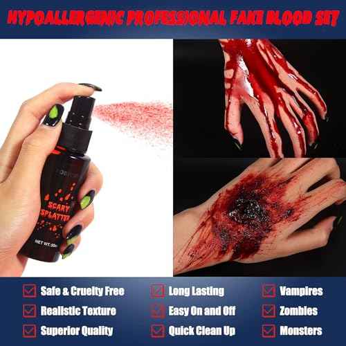 BOBISUKA 3PCS Halloween Fake Blood Makeup Kit - Coagulated 1.41oz + Spray 1.76oz + Dripping 1.76oz, Realistic Washable SFX Makeup for Zombie Monster Mouth Clothes Dress Up