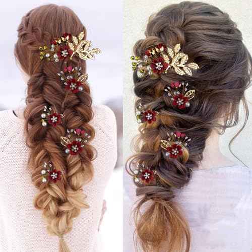 5 PCS Bridal Flower Wedding Hair Pins Crystal Pearl Headpiece Gold Wedding Hair Accessories Jewelry Rhinestone for Brides Bridesmaids Women Girls Updo, Exquisite Flower Leaves&Elegant Burgundy