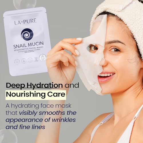 LA PURE Snail Mucin Mask ? 10ct Korean Sheet Mask Pack for Signs of Aging, Aid Skin Repair & Hydration ? Pure Snail Mask for Face with Collagen & Hyaluronic Acid ? Cruelty-Free Hydrating Sheet Mask