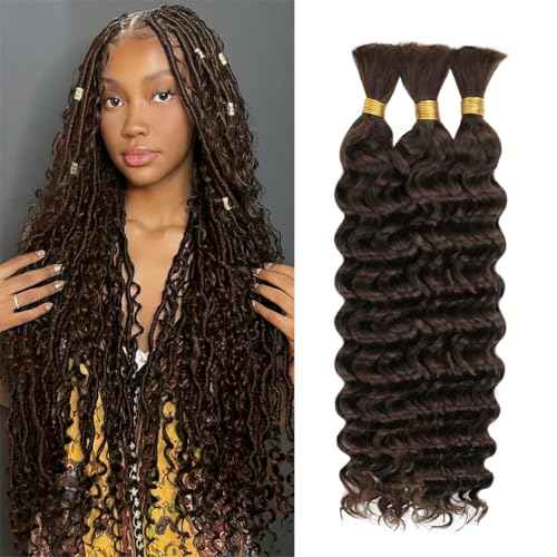 Deep Wave Human Braiding Hair for Boho Braids ? 14 Inch 120g 3 Bundles/Pack Chocolate Brown, 100% Unprocessed 12A Brazilian Virgin Hair Bulk, No Weft, Wet & Wavy Curly Knotless Extensions
