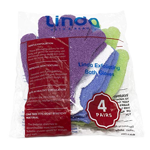 Exfoliating Bath Gloves Pack of 4 for Soft, Smooth Skin - One Size Fits Most