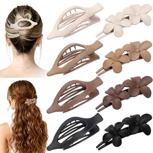 8 Pcs Flat Hair Clips for Women, Flower Flat Hair Clips 2 Styles Matte Hair Accessories Non-slip Hair Claw Clips for Thin and Thick Hair (Brown)