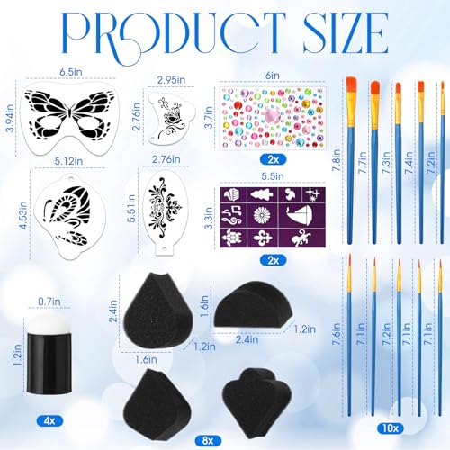 Thenshop 89 Pcs Face Paint Stencils Kits Includes 61 Reusable Facial Painting Stencils with 6 Stickers 12 Face Paint Sponges 10 Painting Brushes Tattoo Templates for Party Adults Makeup