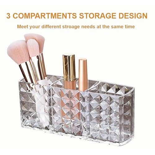 KNC 3 Compartment Acrylic Cosmetic Brushes Storage,Makeup Brush Holder Organizer,Perfect Bathroom Vanity Storage Solution for Makeup Brushes,Eyebrow Pencils,Lipsticks,Nail Polishes, and More
