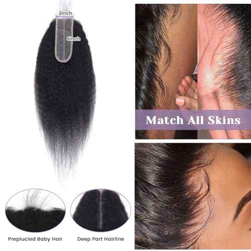 Kinky Straight Closure 2x6 HD Lace Yaki Straight Lace Closure Transparent 100% Real Human Hair Middle Part Long Parting Natural Black 1B Color 16 Inch