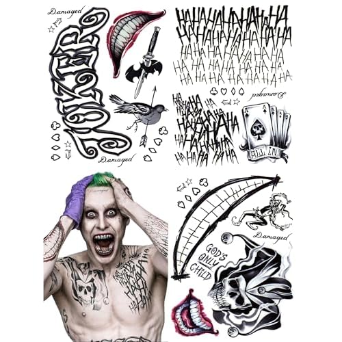 13 Sheets Joker Tattoos Halloween - HAHAHA Damaged JOKER Smile Temporary Tattoos for Kids Fake Tattoo Stickers Joker Costume Masquerade Cosplay Party Accessories Makeup Waterproof