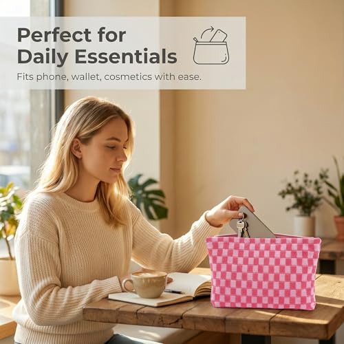 12 PACK Checkered Makeup Bags Bulk-Easter Gifts/Bulk Cosmetic Bags/Large Bridesmaid Gifts/Makeup Pouch for Wedding Party Favors Birthday/Teacher/Mothers Day Gifts/Toiletry Travel Bags(12, Pink)