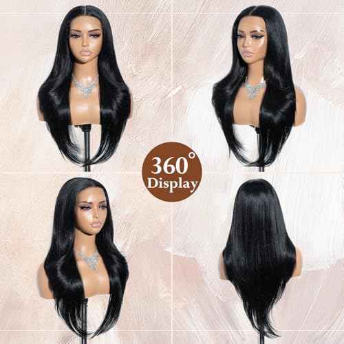 Joedir 28" Long Straight 13x4 Lace Frontal Wigs for Black Women Free Part Lace Front Wigs with Baby Hair Natural Hairline Black Root Easy-360 Synthetic Hair Wig Heat Resistant Fiber (Jet Black)