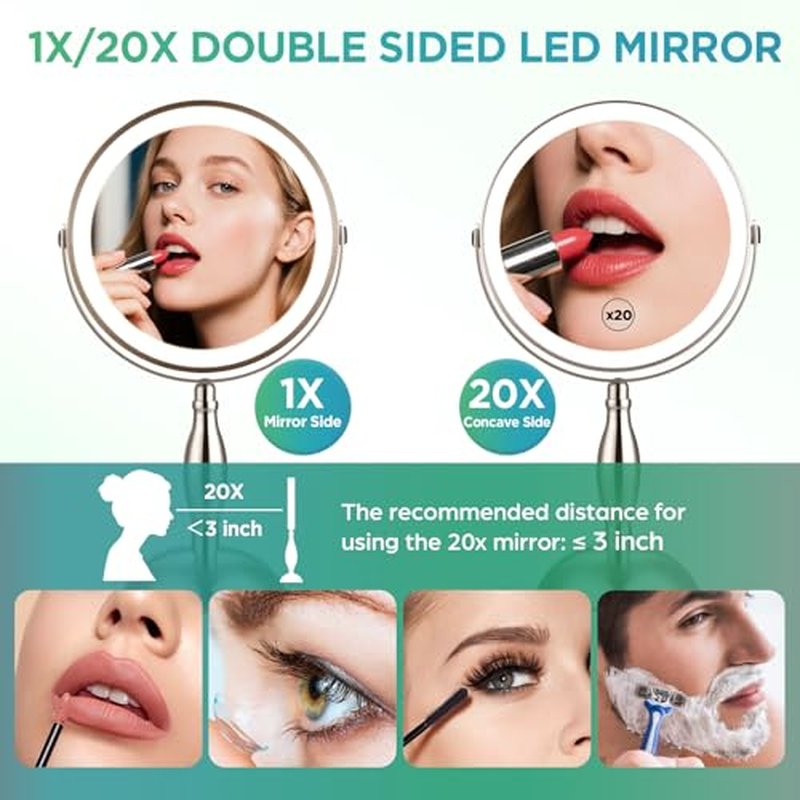 20x Magnifying Mirror with Light, 5000mAh Lighted Makeup Mirror with 3 Color Modes and Adjustable Brightness, Side Charging Port & SideTouch Sensor, 360¡Æ Rotation -Brushed Nickel