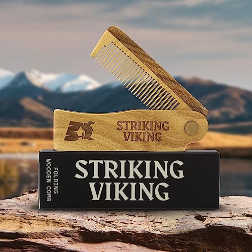 Beard Folding Wooden Comb and 4 Pack Beard Oil for Men - By Striking Vikings