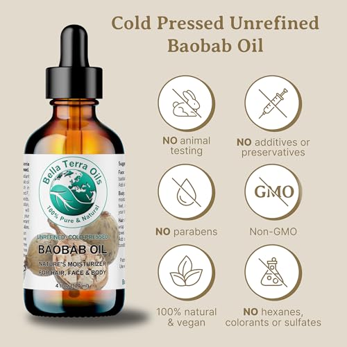 Bella Terra Oils - Baobab Oil 4 oz - Dive into The Essence of African Treasure, Abundant in Antioxidants, Best for Achieving a Silky Skin Glow