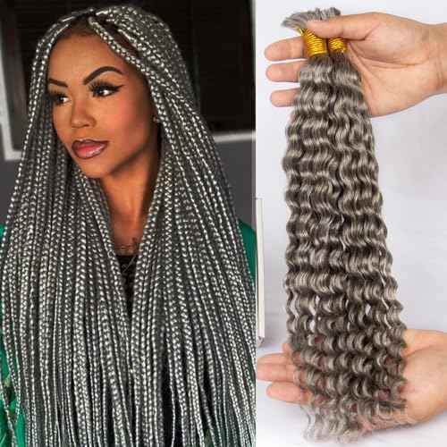 Human Braiding Hair for Boho Braids, Deep Curly Bulk Salt and Pepper Human Hair 100g 2 Bundles/Pack Brazilian Virgin Hair No Weft Wet and Wavy Gray Hair Extensions for Black Women 16 Inch