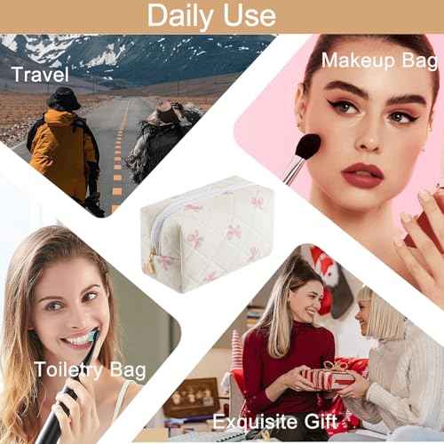 Cute Floral Cotton Makeup Bag, Quilted Makeup Bag for Women Girls, Travel Floral Cosmetic Bag Zipper Make Up Pouch, Flowers Toiletry Organizer Bag (Small Red Bowknot)