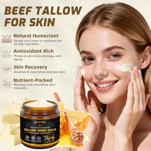 Beef Tallow for Skin, Tallow and Honey Balm, 100% Organic Grass-Fed Beef Tallow Face Moisturizer with Raw Honey & Jojoba Oil, Whipped Tallow Balm for Face Body Deep Nourish Soothe Dry, Sensitive Skin