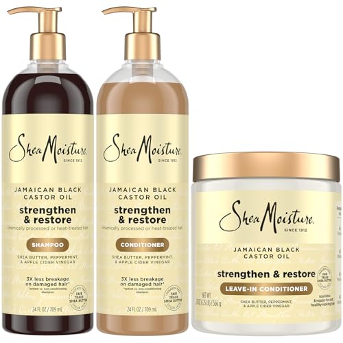 SheaMoisture Jamaican Black Castor Oil Strengthen & Restore Hair Repair Shampoo, Conditioner + Leave-In Conditioner, Family-Size Bundle