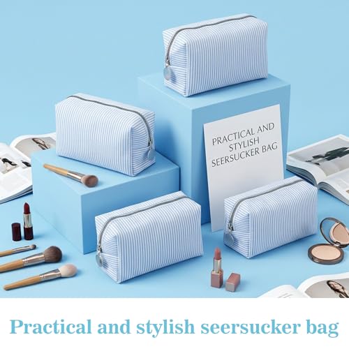 10 Pcs Blue Seersucker Makeup Bags - Travel Cosmetic Organizer