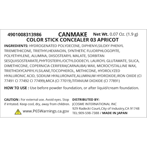 CANMAKE - Color Stick Concealer - Non-Greasy Multi-Purpose Coverage Moisturizing - 0.07oz - 1.9 Gram (x1) (03 Apricot)