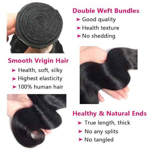 Body Wave Bundles with Closure Human Hair (14 16 18+12) 5x5 HD Closure Brazilian Human Hair 3 Bundles with Closure Unprocessed Virgin Hair Body Wave Bundles with 5x5 Lace Closure Free Part