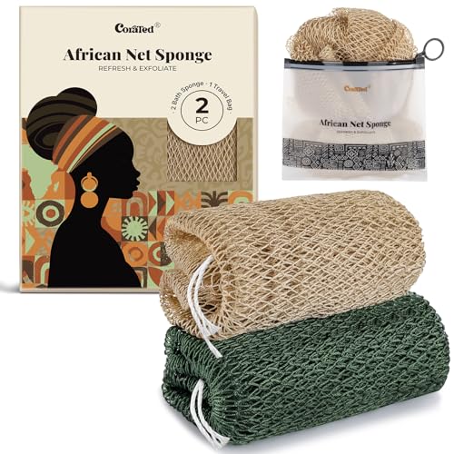 CORATED African Net Bath Loofah Sponge with Knots - Linen & Dark Green