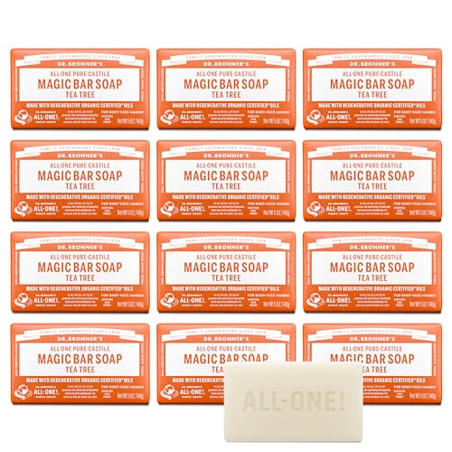 Dr. Bronner's Pure-Castile Magic Bar Soap - Tea Tree, Made with Regenerative Organic Certified Oils, For Face, Body & Hair, Gentle, Vegan, Non-GMO (5oz, 12-Pack)