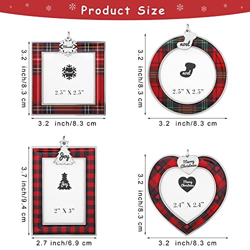 Fovths 4 Pieces Christmas Photo Frame Picture Ornament Red Buffalo Plaid Xmas Gifts Pendant Photo Frame Insert with Christmas Tree, Snowflake, Heart, Socks Hanging Christmas Tree Decoration