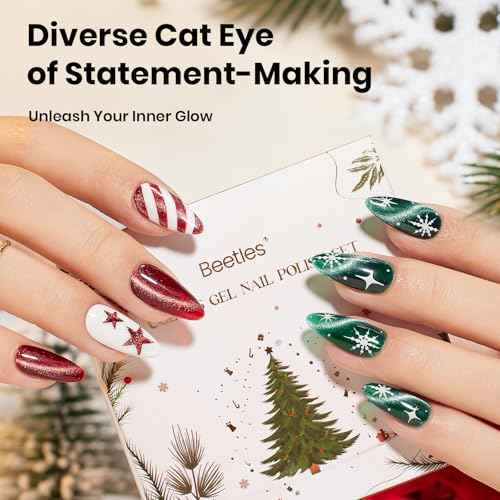 Beetles Velvet Starlight Cat Eye Gel Nail Polish Set, 6 Colors Christmas Gel Nail Kit Glitter Red Green Pink Shiny Brown Burgundy Purple Blue Magnetic Effect Soak Off UV Manicure Gifts for Women