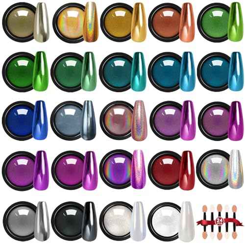 Gold Silver Chrome Nail Powder, 24 Colors White Pearl Unicorn Iridescent Holographic Nail Chrome Powder, Red Blue Green Black Purple Rose Gold Metallic Mirror Chrome Powder for Nails Glitter Pigment