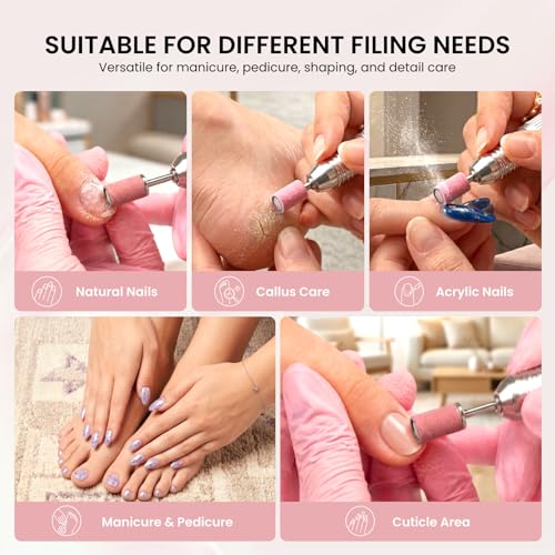 100 Pcs Nail Drill Bits Sanding Bands with Mandrel - 240 Grit Extra Fine Pink