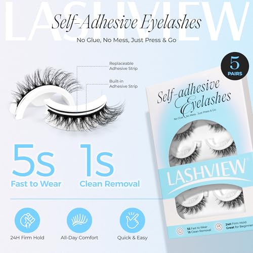 LASHVIEW Self-Adhesive Eyelashes - 5 Pairs Cat Eye Wispy