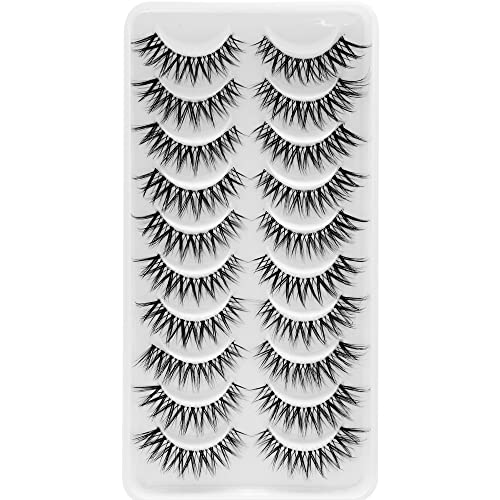 False Lashes 3D Cat-Eye Volume Eyelashes Clear Band Lashes Natural Look Faux Mink Invisible Strip Wispy Fake Lashes 10 Pairs