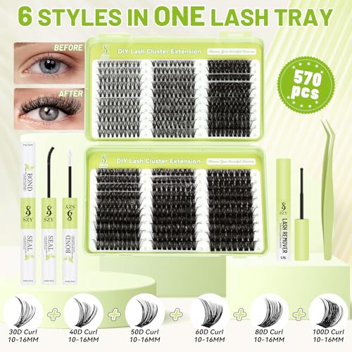 Lash Clusters Kit 570pcs 6 Styles D Curl Wispy Eyelashes with Bond Seal