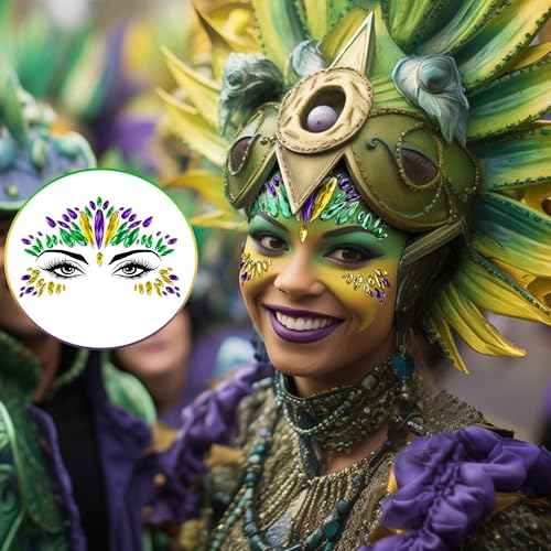 Wehhbtye 4 Set Mardi Gras Face Jewels Stickers, Self-Adhesive Mardi Gras Eye Gems Sticker, Glitter Face Crystals Decoration for Women Party Costume Cosplay Makeup Dress-up Decor