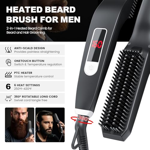 Beard Straightener for Men, 2 in 1 Heated Beard Brush, 6 Temperature Settings LCD Display Anti-scalding Hot Comb for Beard Care Kit for Men Gifts Set