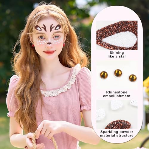 Cute Deer Face Stickers with Glitter & Gems - 2Pc Set