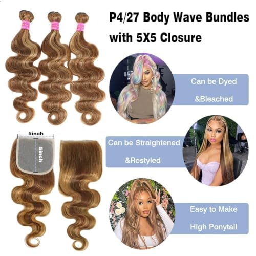 Honey Blonde Highlight Body Wave 4 Bundles with 5x5 Closure