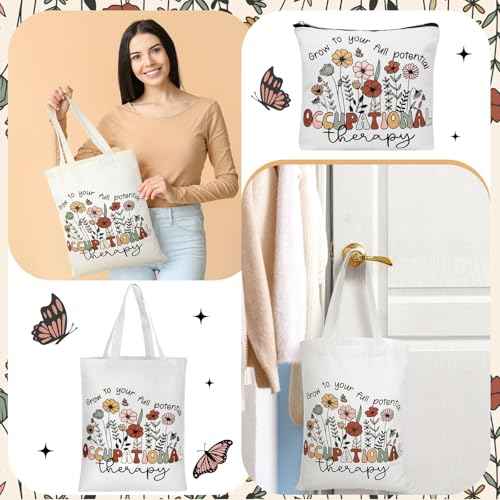 2 Pcs Christmas Occupational Therapy Gifts Boho Style OT Tote Bag with Makeup Bag Occupational Therapist Appreciation Gift Thank You Christmas Birthday Present for Women OT