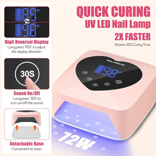 UV LED Nail Lamp, 72W Cordless UV Light for Nails, Rechargeable Nail Dryer with 5 Timer & Auto Sensor, Professional Fast Curing Gel Nail Lamp with Large Touch Display (Pink)