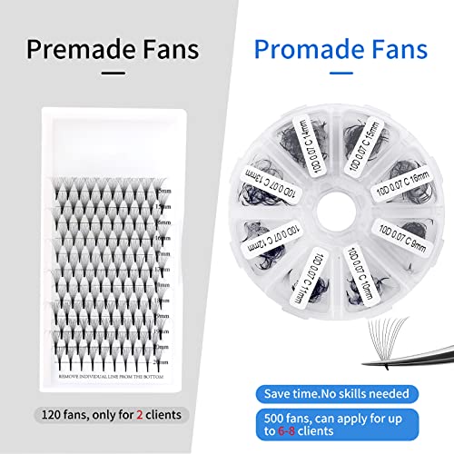 Premade Fans Eyelash Extension 500 Fans Handmade Loose Volume Lashes Mutiple Options 10D Pre-made Fan 0.07mm Thickness C/D Curl 9-16mm/13-20mm Eyelash Extensions by WENDY LASHES