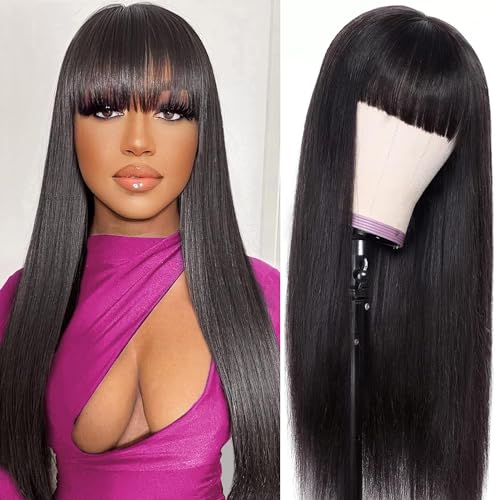 CORDELIA Glueless Wigs Human Hair with Bangs Straight Human Hair Wig with Bangs 150% Density None Lace Front Wigs for Black Women 22inch