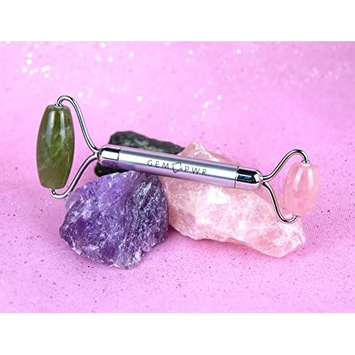 Rose Quartz + Jade Roller for Face and Neck Massage, Dual Gemstones with Durable Steel Handle and Travel Bag. Minimize Wrinkles, Reduce Puffiness and Restore Skin's Elasticity and Radiance