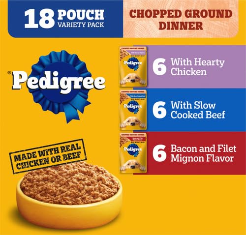 Pedigree Chopped Ground Dinner Dog Food 18-Count Bacon Filet Mignon Variety Pack, 3.5 oz. Pouches